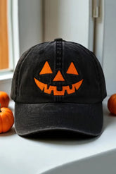Black Cotton Jack O Lantern Pumpkin Embroidered Baseball Cap