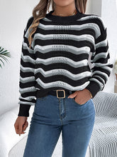 women's Casual hollow color block striped lantern long sleeve pullover sweater