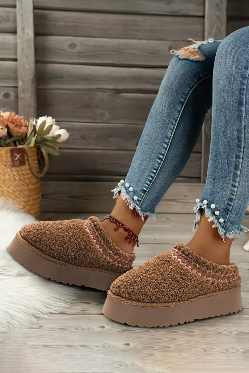 women's Oatmeal Suede Contrast Plush Thick Sole push on
