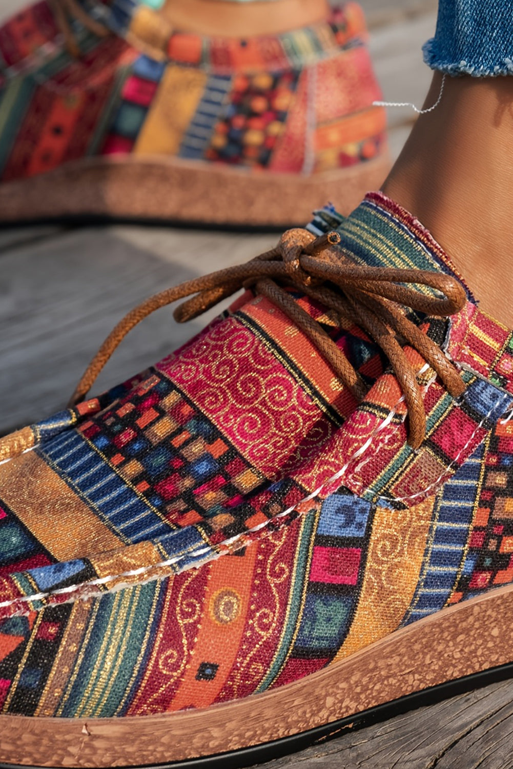 women's  Red Lightweight Boho Patchwork Lace Up Shoes
