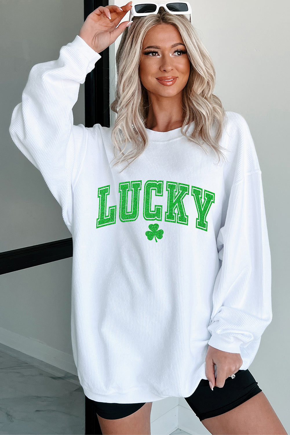 ladies White St. Patricks LUCKY Graphic Corded Sweatshirt