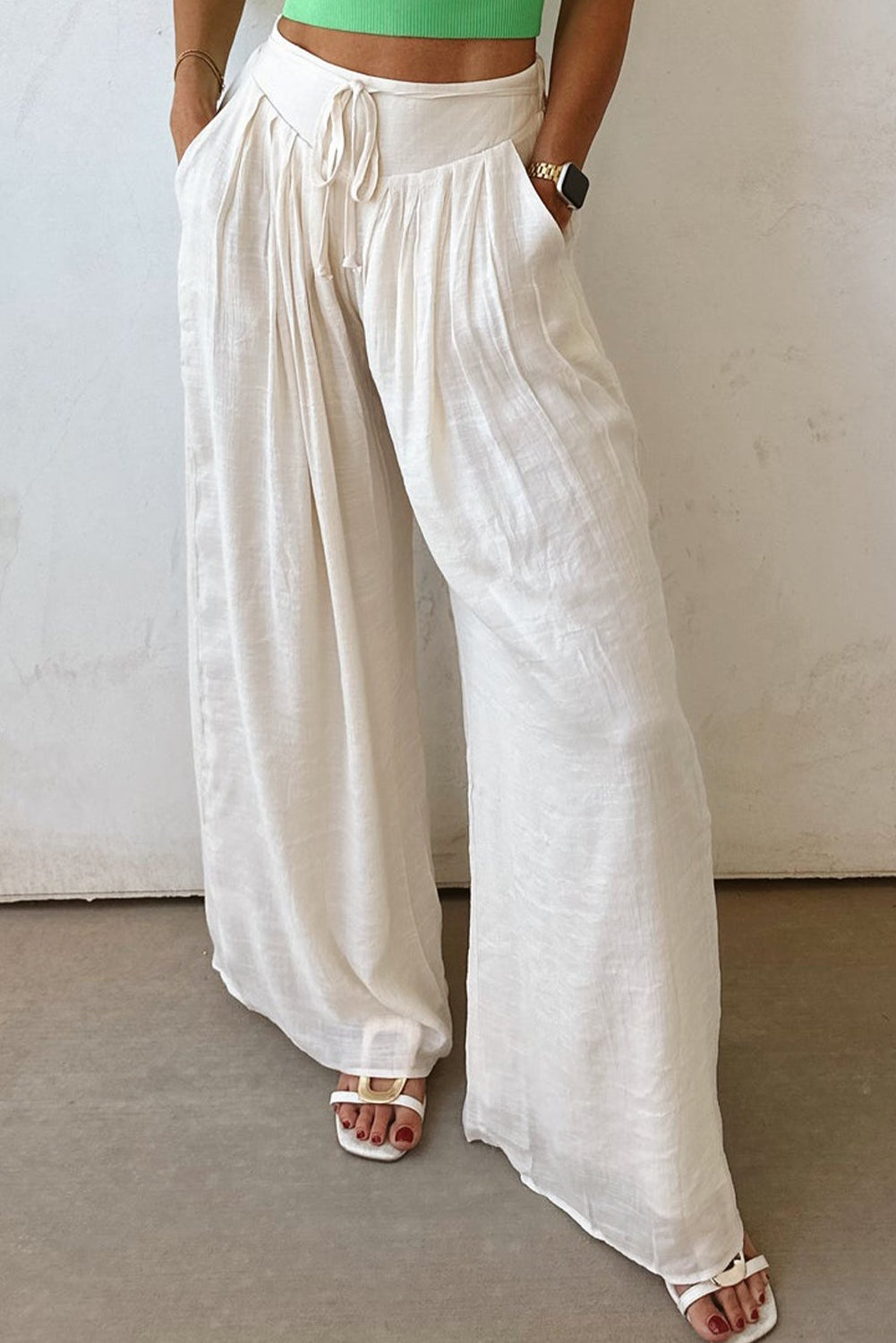 women's White Casual Tie Waist Pleated Wide Leg Pants