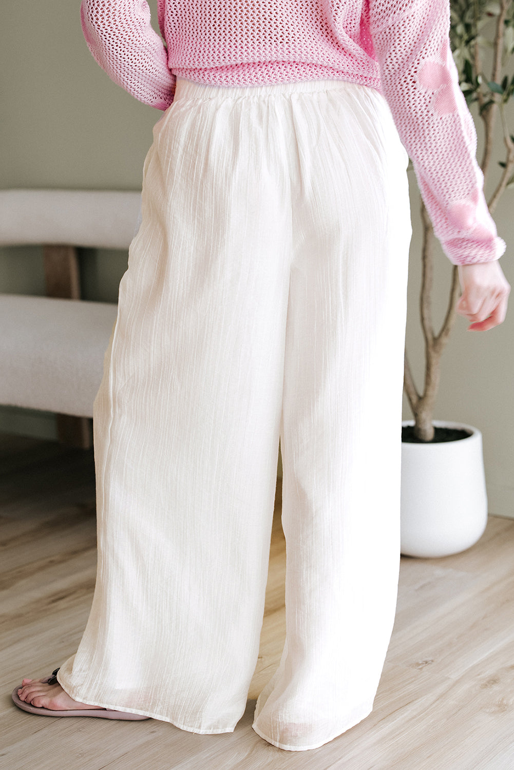 women's White Casual Tie Waist Pleated Wide Leg Pants