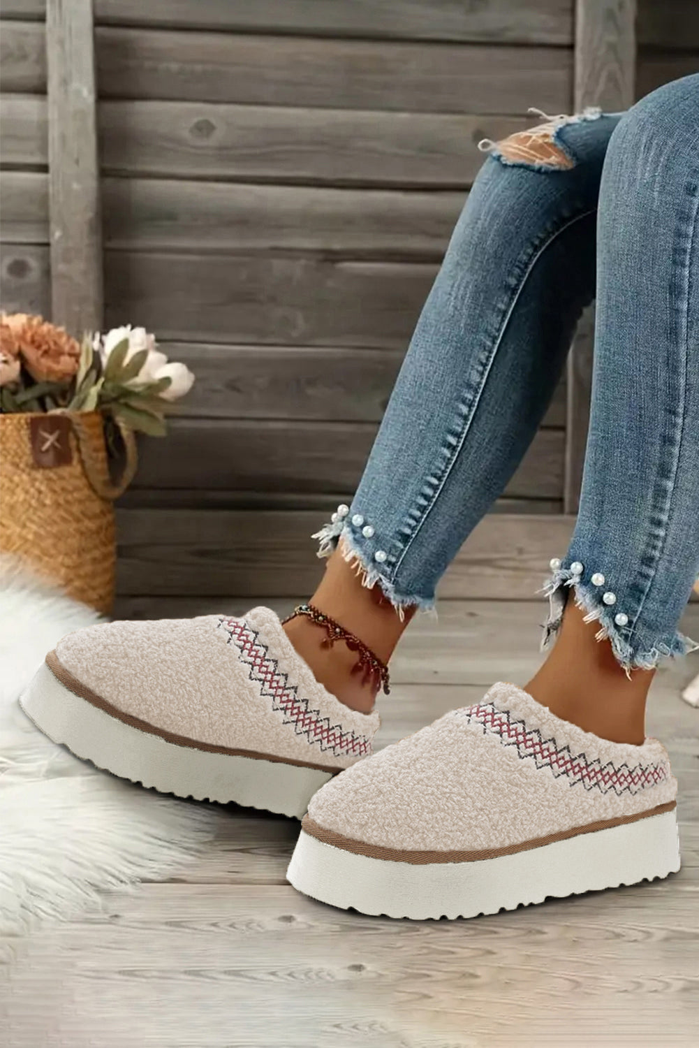 women's Oatmeal Suede Contrast Plush Thick Sole push on