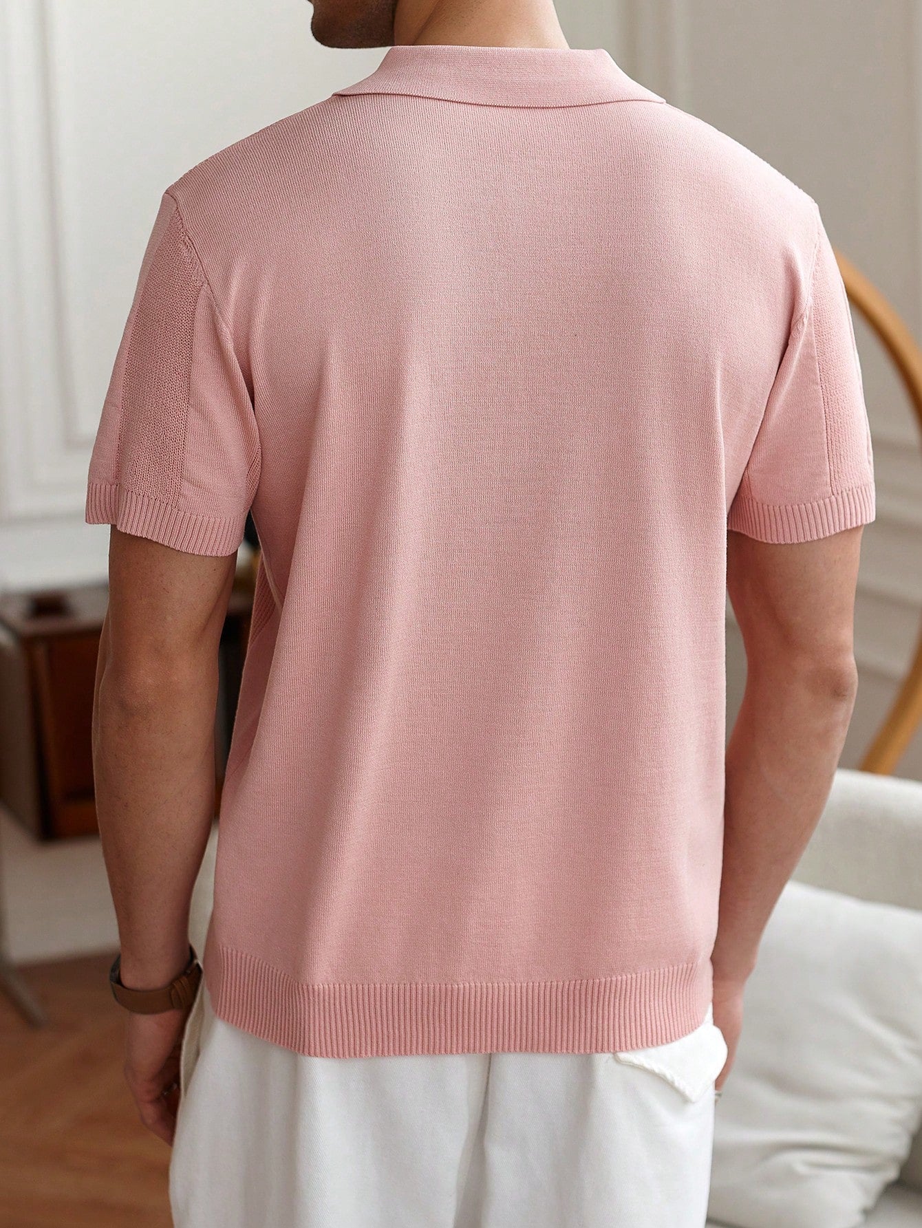 Men's Solid Color Polo Collar Short Sleeve Casual Knitted Top Pink Sweater Men's Fitted