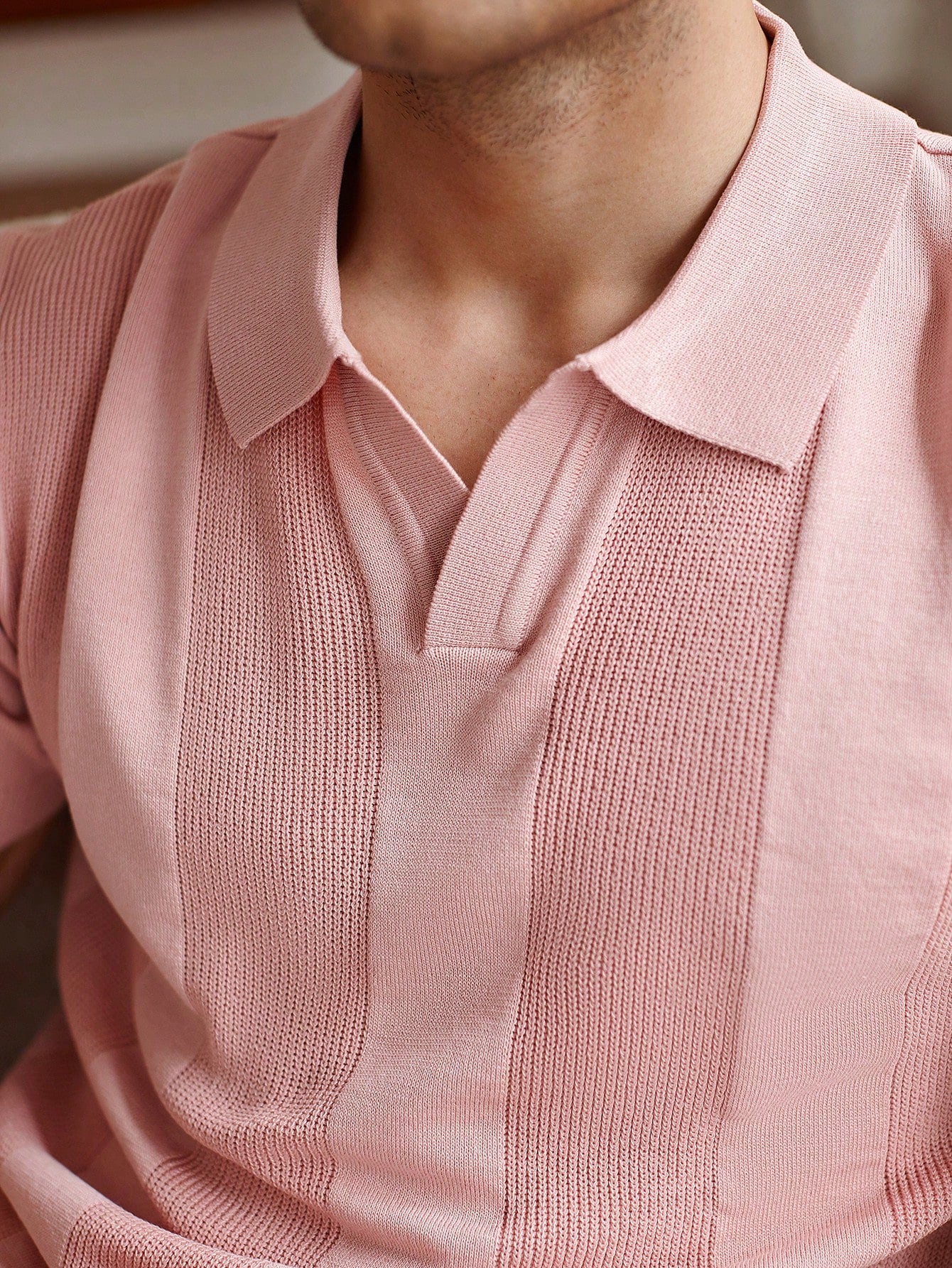 Men's Solid Color Polo Collar Short Sleeve Casual Knitted Top Pink Sweater Men's Fitted