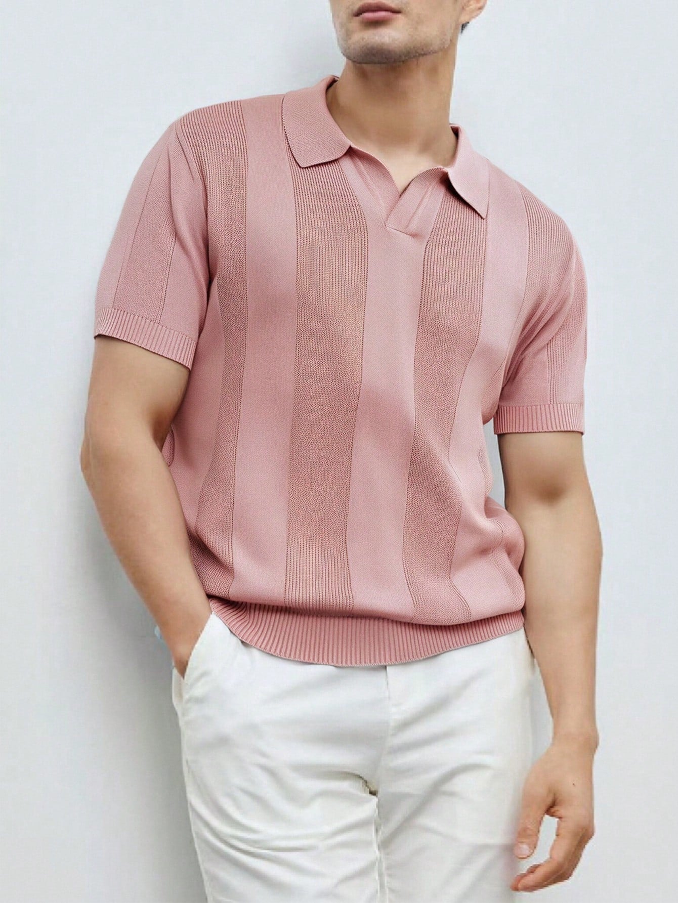 Men's Solid Color Polo Collar Short Sleeve Casual Knitted Top Pink Sweater Men's Fitted