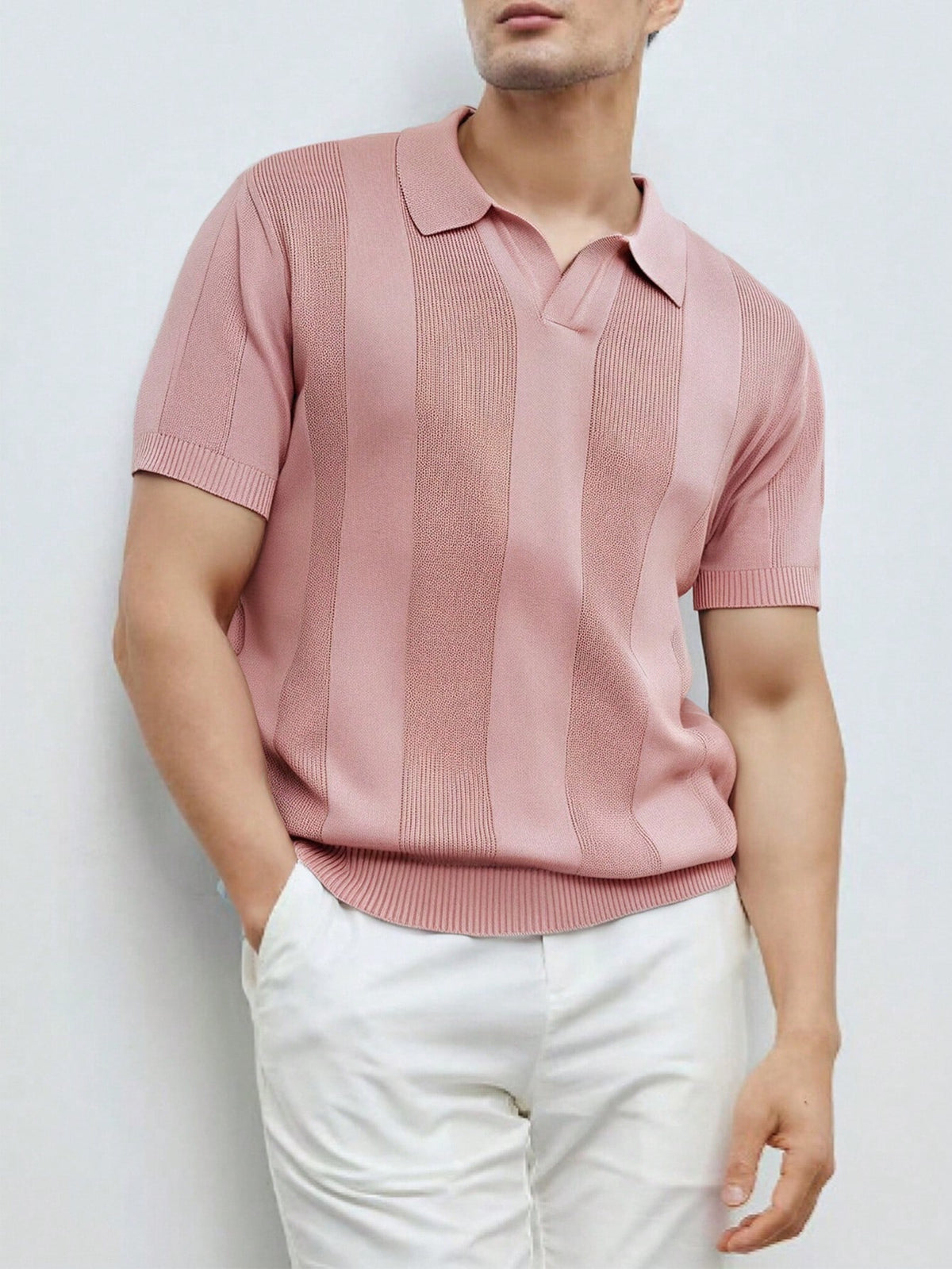 Men's Solid Color Polo Collar Short Sleeve Casual Knitted Top Pink Sweater Men's Fitted
