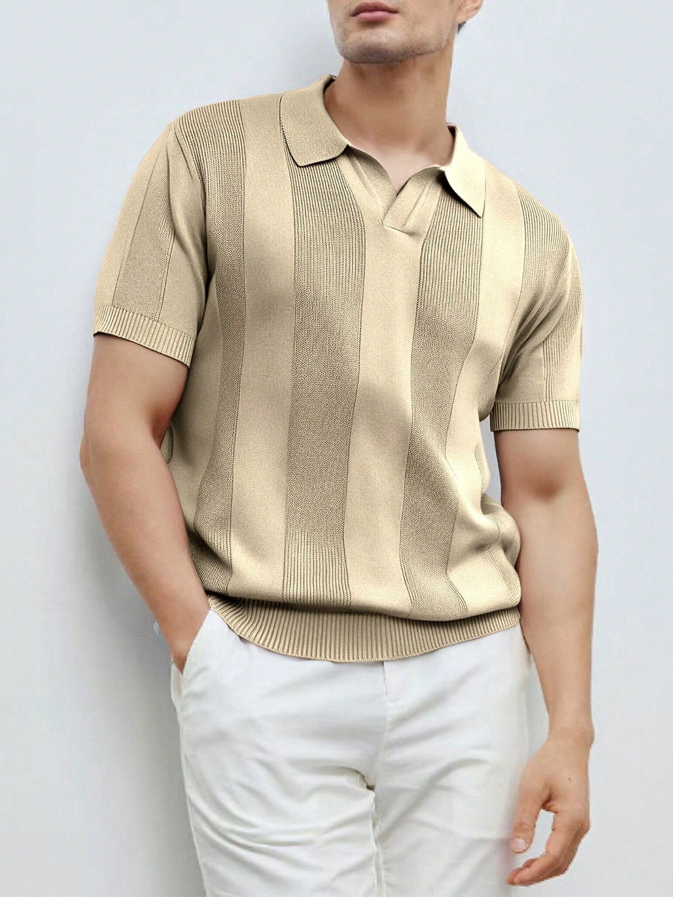 Men's Solid Color Polo Collar Short Sleeve Casual Knitted Top Pink Sweater Men's Fitted