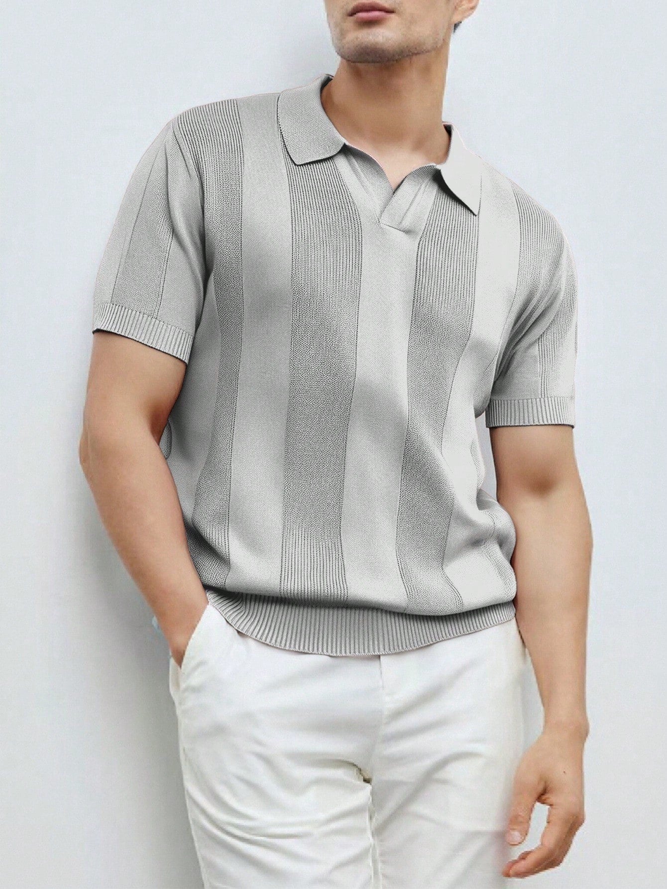 Men's Solid Color Polo Collar Short Sleeve Casual Knitted Top Pink Sweater Men's Fitted