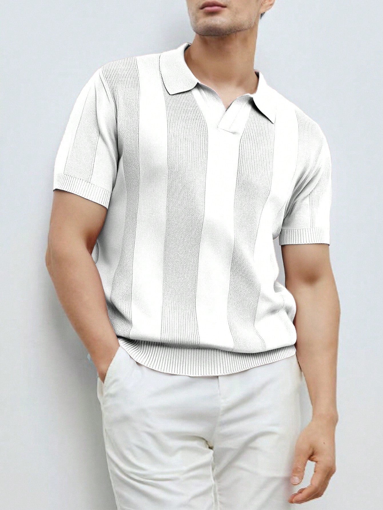 Men's Solid Color Polo Collar Short Sleeve Casual Knitted Top Pink Sweater Men's Fitted