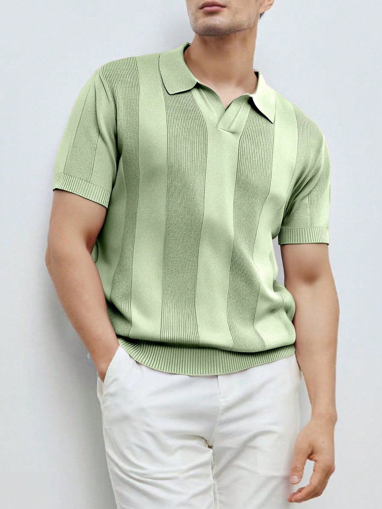 Men's Solid Color Polo Collar Short Sleeve Casual Knitted Top Pink Sweater Men's Fitted