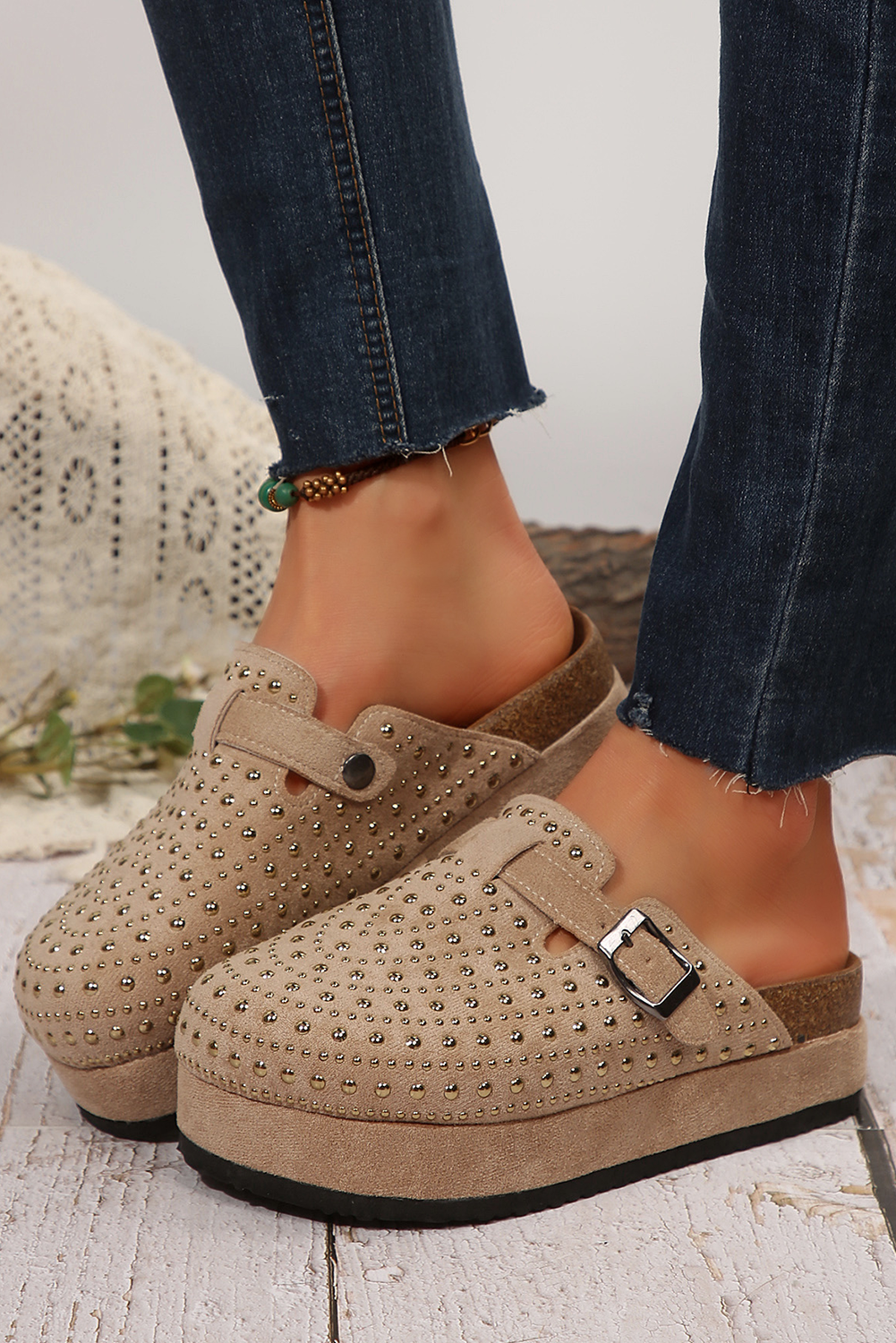women's Parchment Vintage Studded Platform sandals