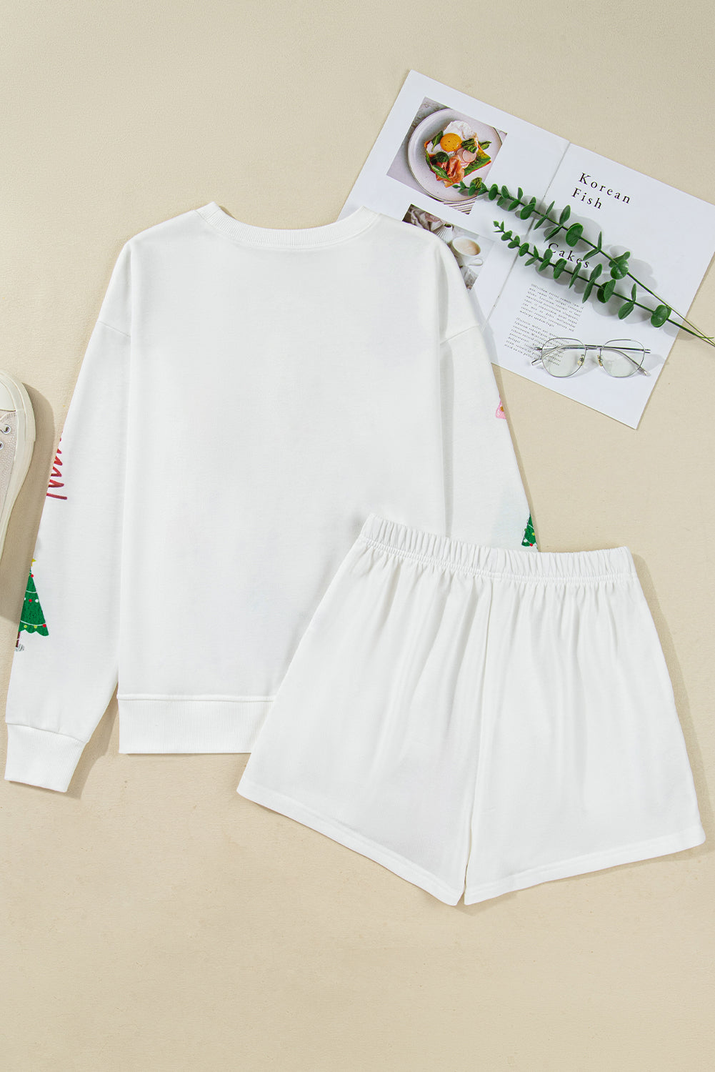 women's White Christmas Tree Long Sleeve Top and Shorts Pajama Set