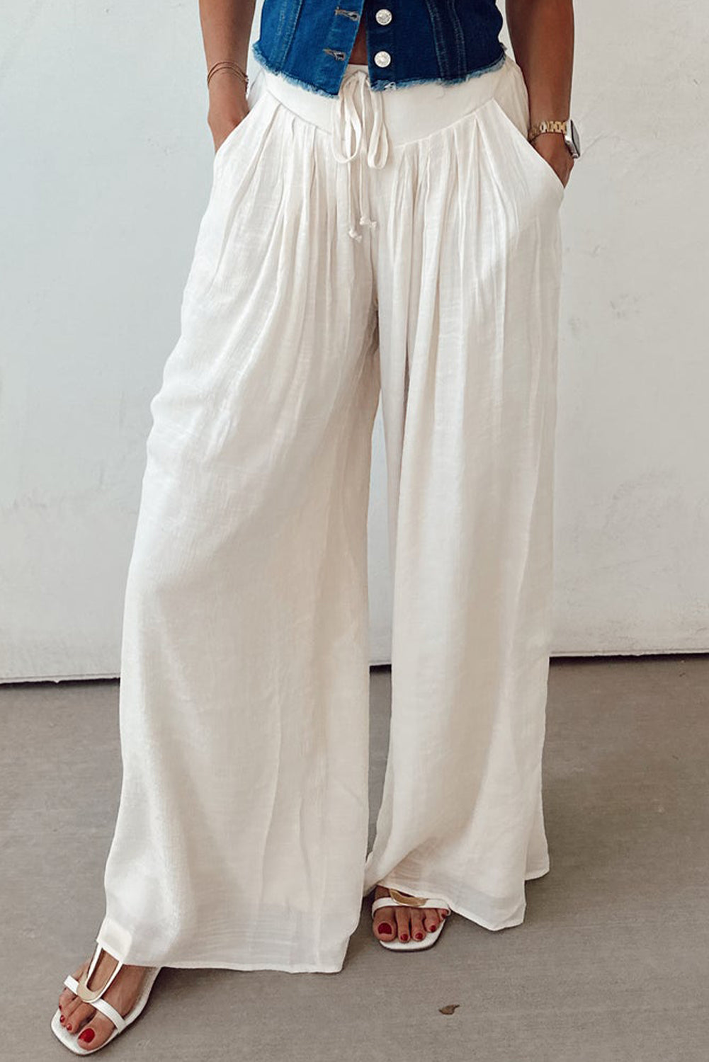 women's White Casual Tie Waist Pleated Wide Leg Pants