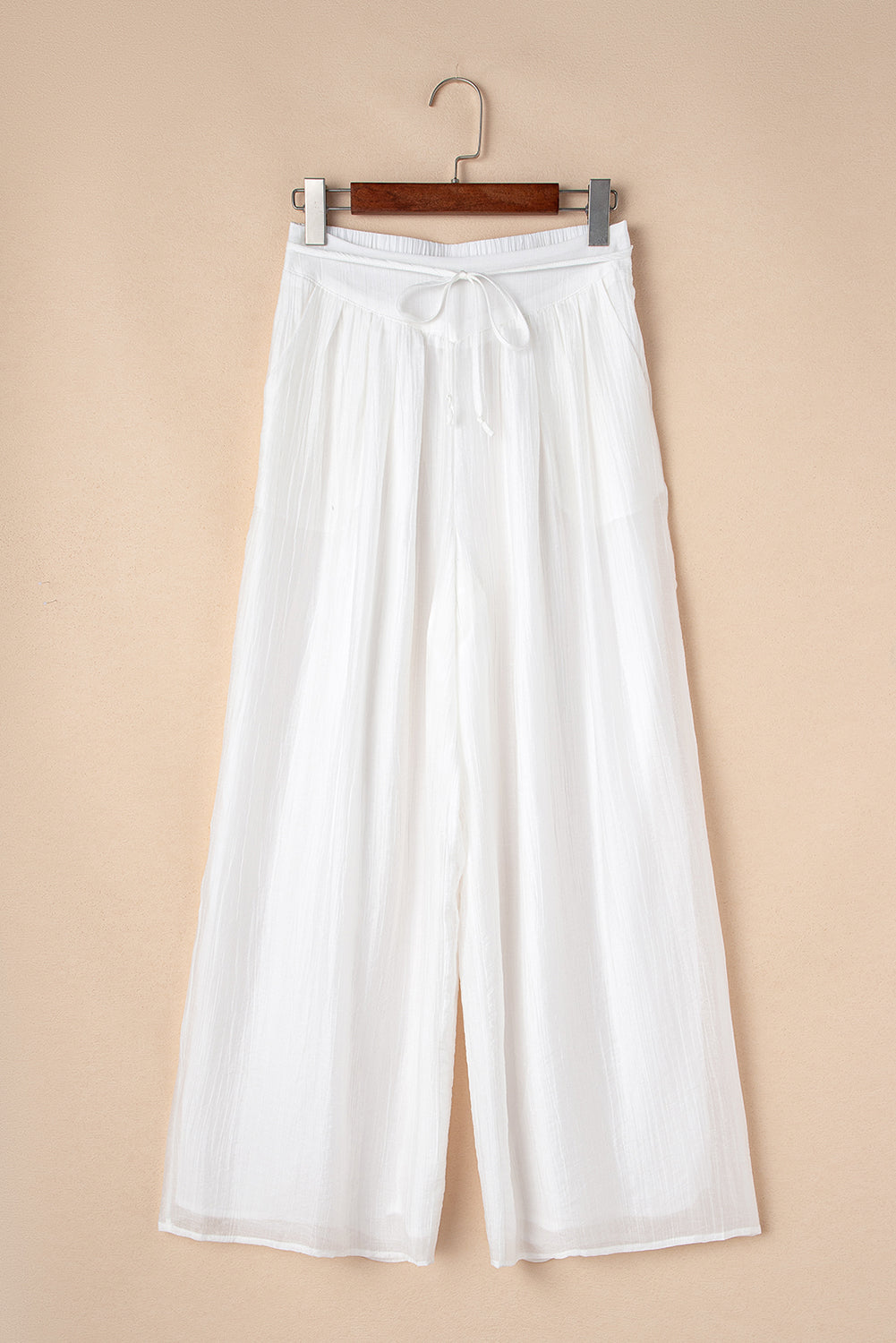 women's White Casual Tie Waist Pleated Wide Leg Pants