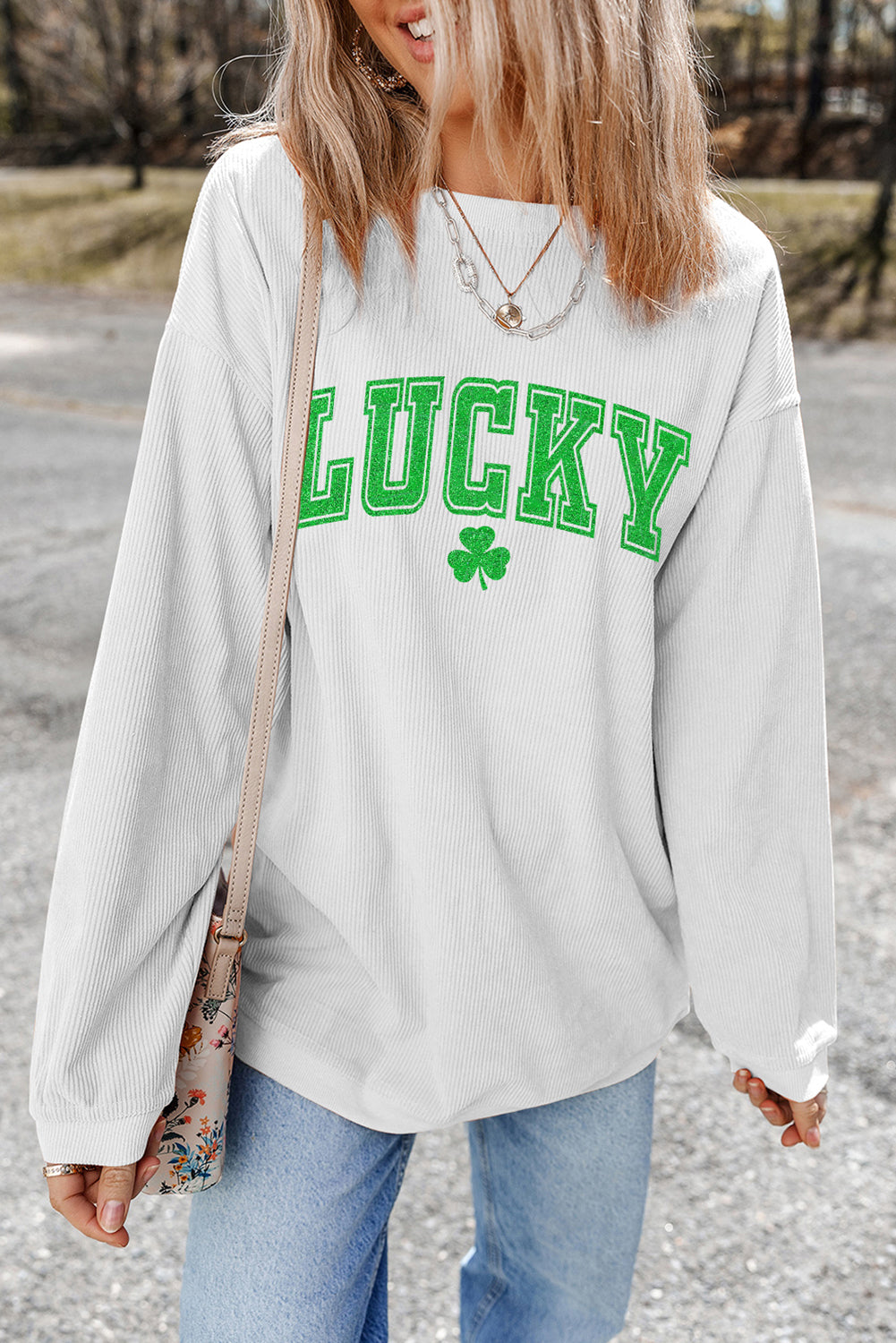 ladies White St. Patricks LUCKY Graphic Corded Sweatshirt