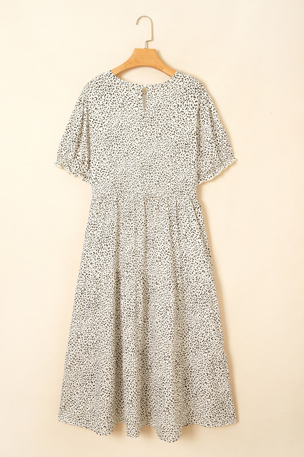 Women's Beige Plus Size Leopard Print Frill Trim Short Sleeve Flared Dress