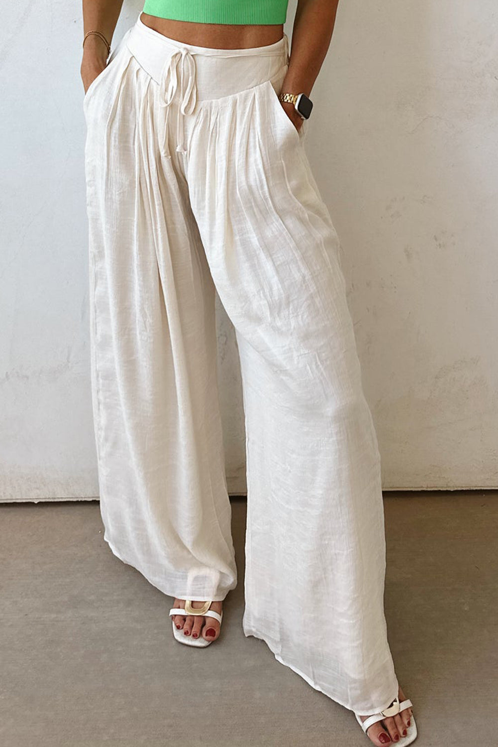 women's White Casual Tie Waist Pleated Wide Leg Pants
