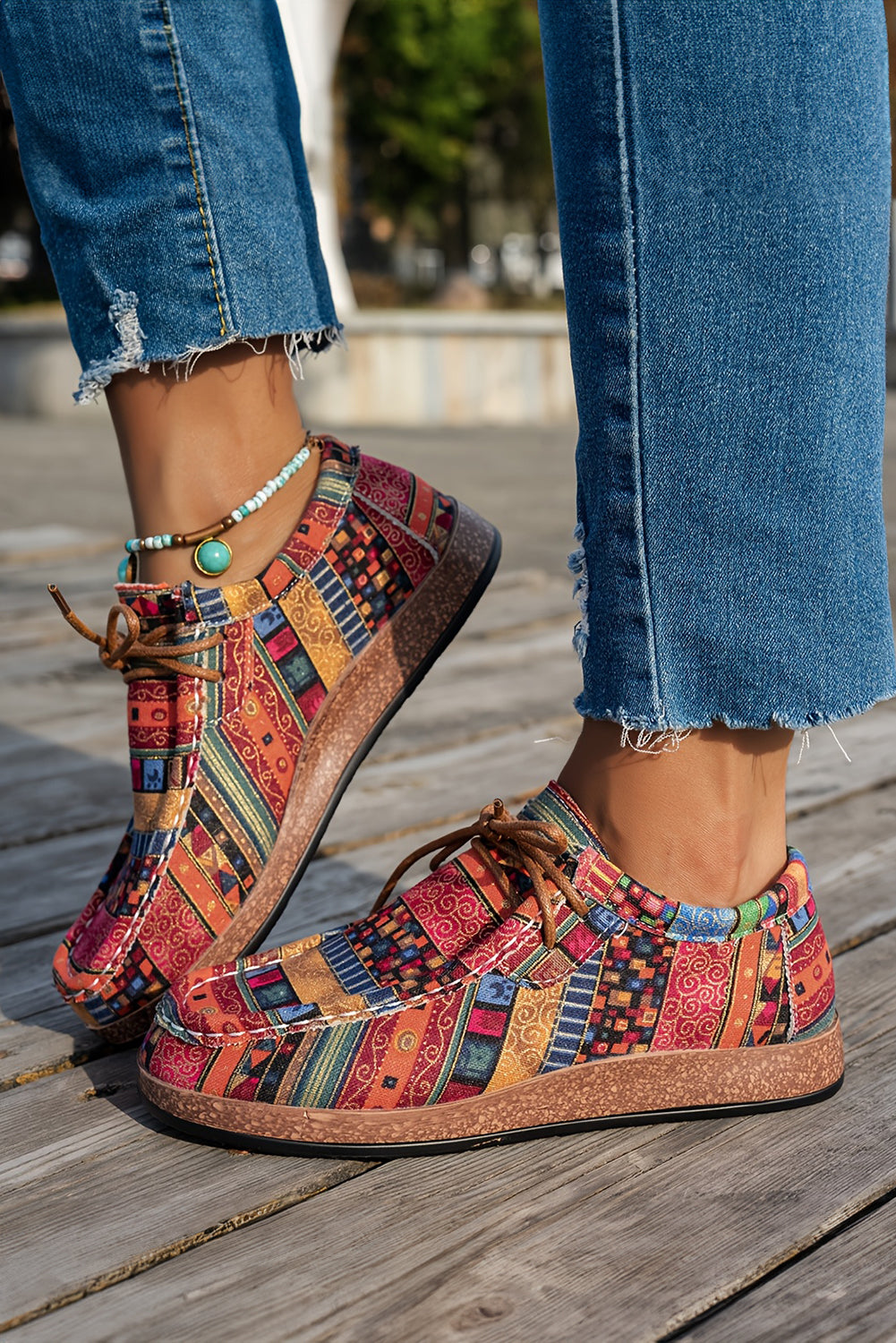 women's  Red Lightweight Boho Patchwork Lace Up Shoes