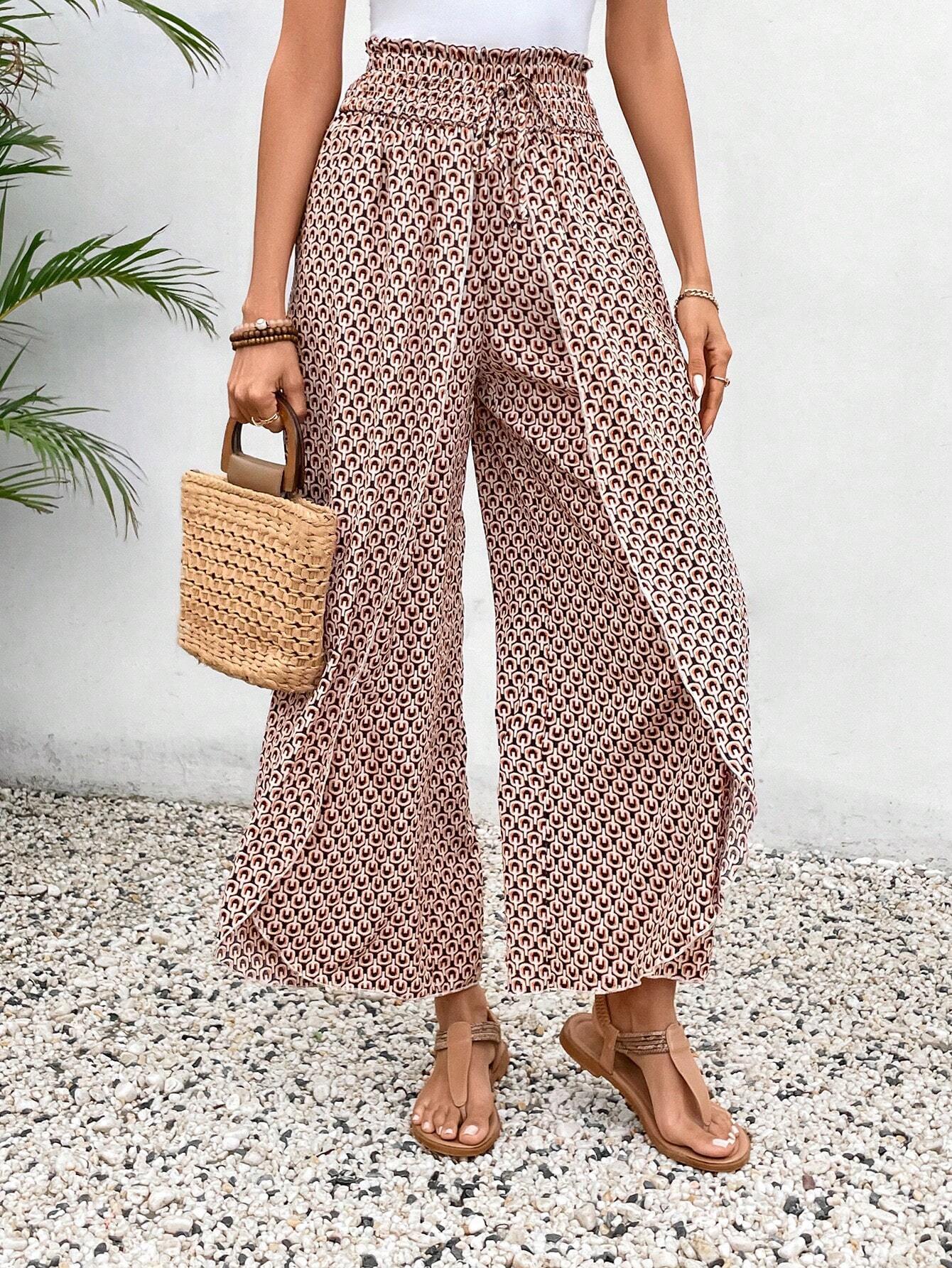 Floral Shirred Side Slit Wide Leg Pants