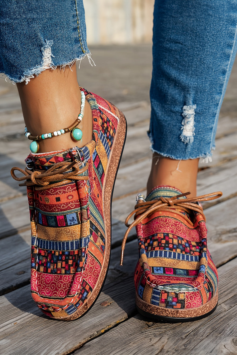 women's  Red Lightweight Boho Patchwork Lace Up Shoes