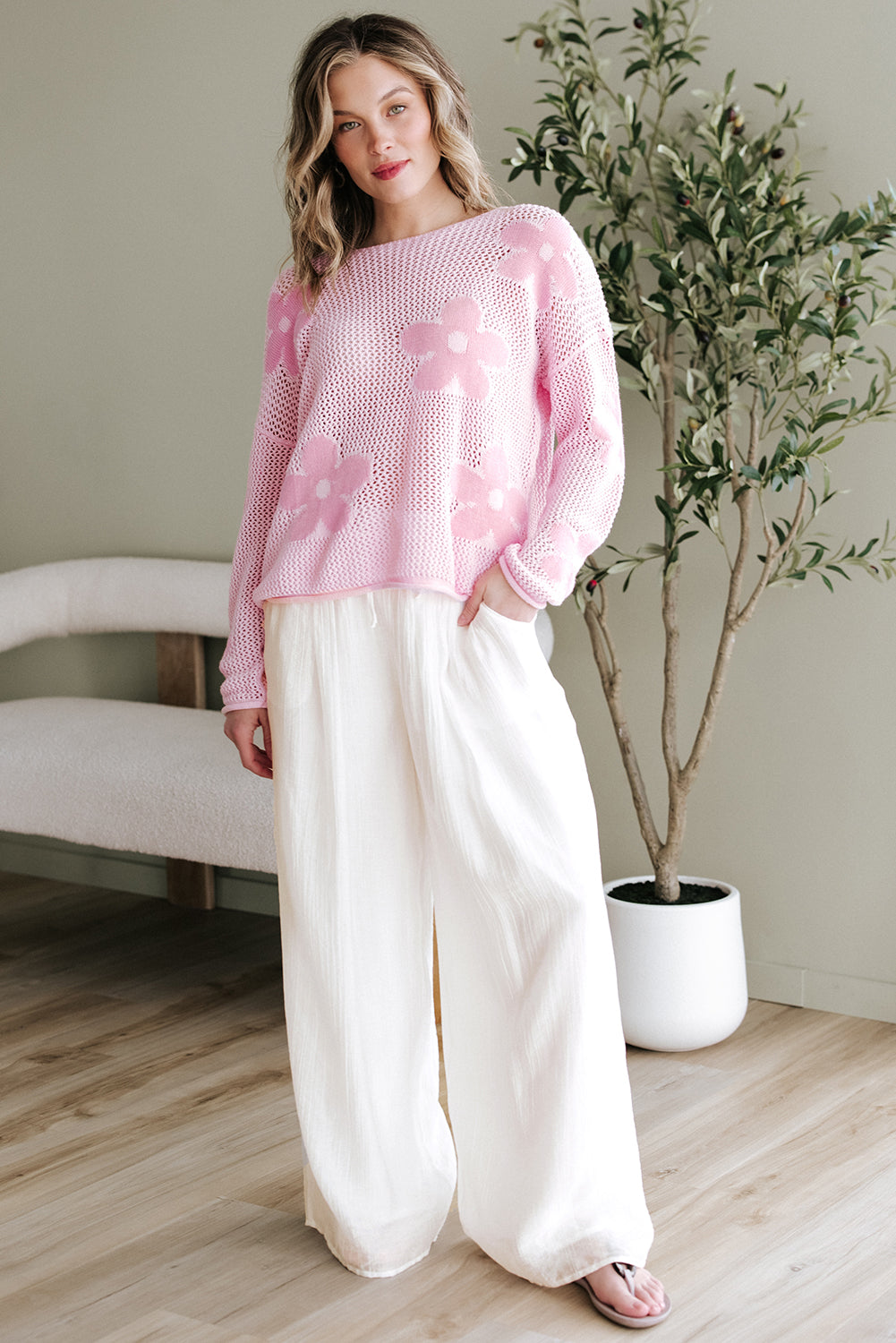 women's White Casual Tie Waist Pleated Wide Leg Pants
