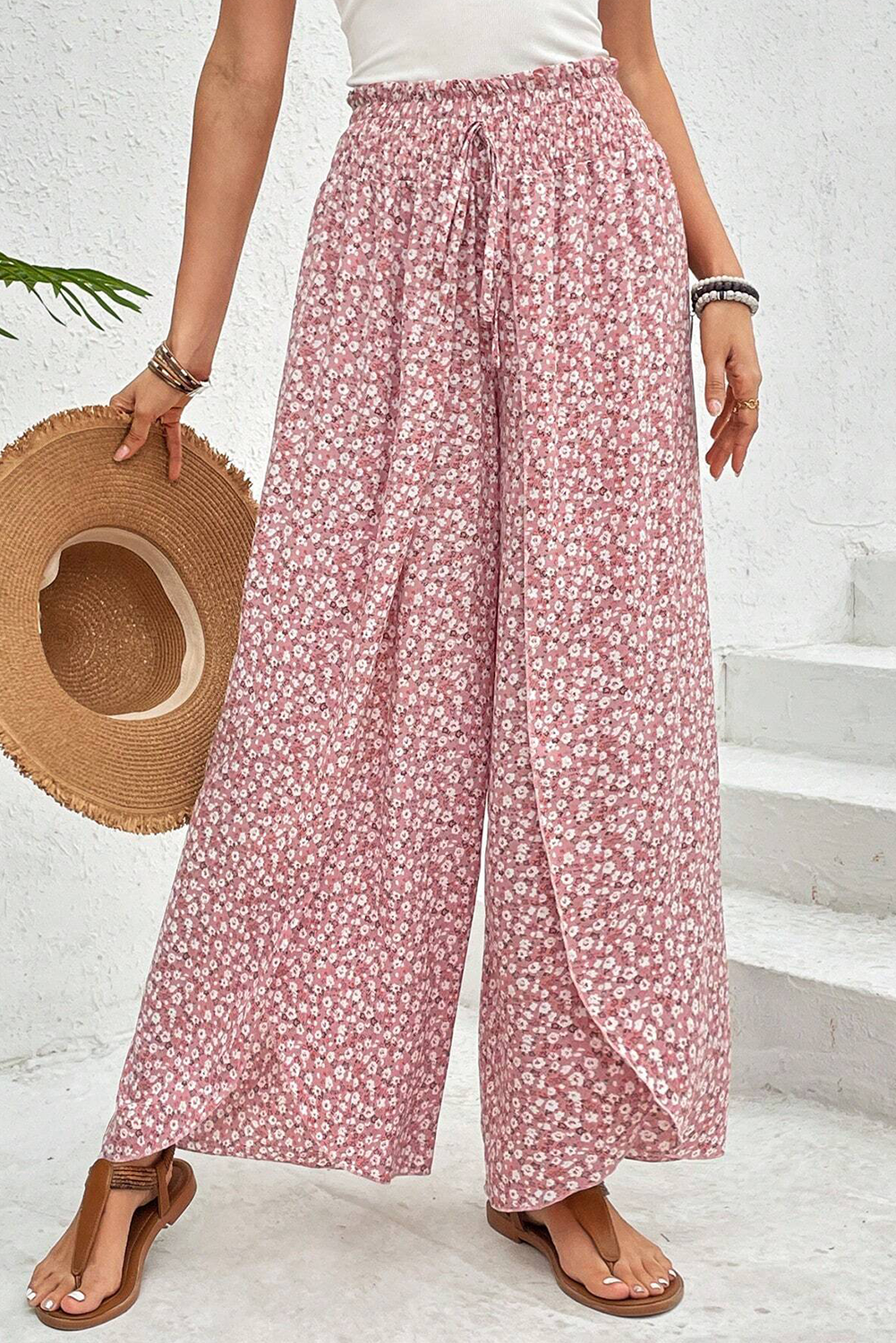 Floral Shirred Side Slit Wide Leg Pants