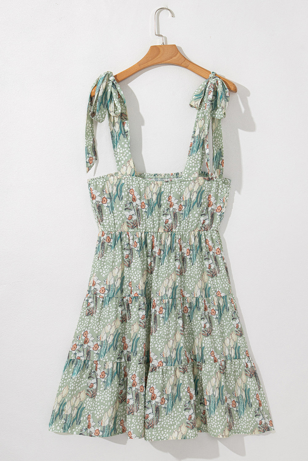women's Gray Floral Knotted Strap Smocked Tiered Ruffle Mini Dress