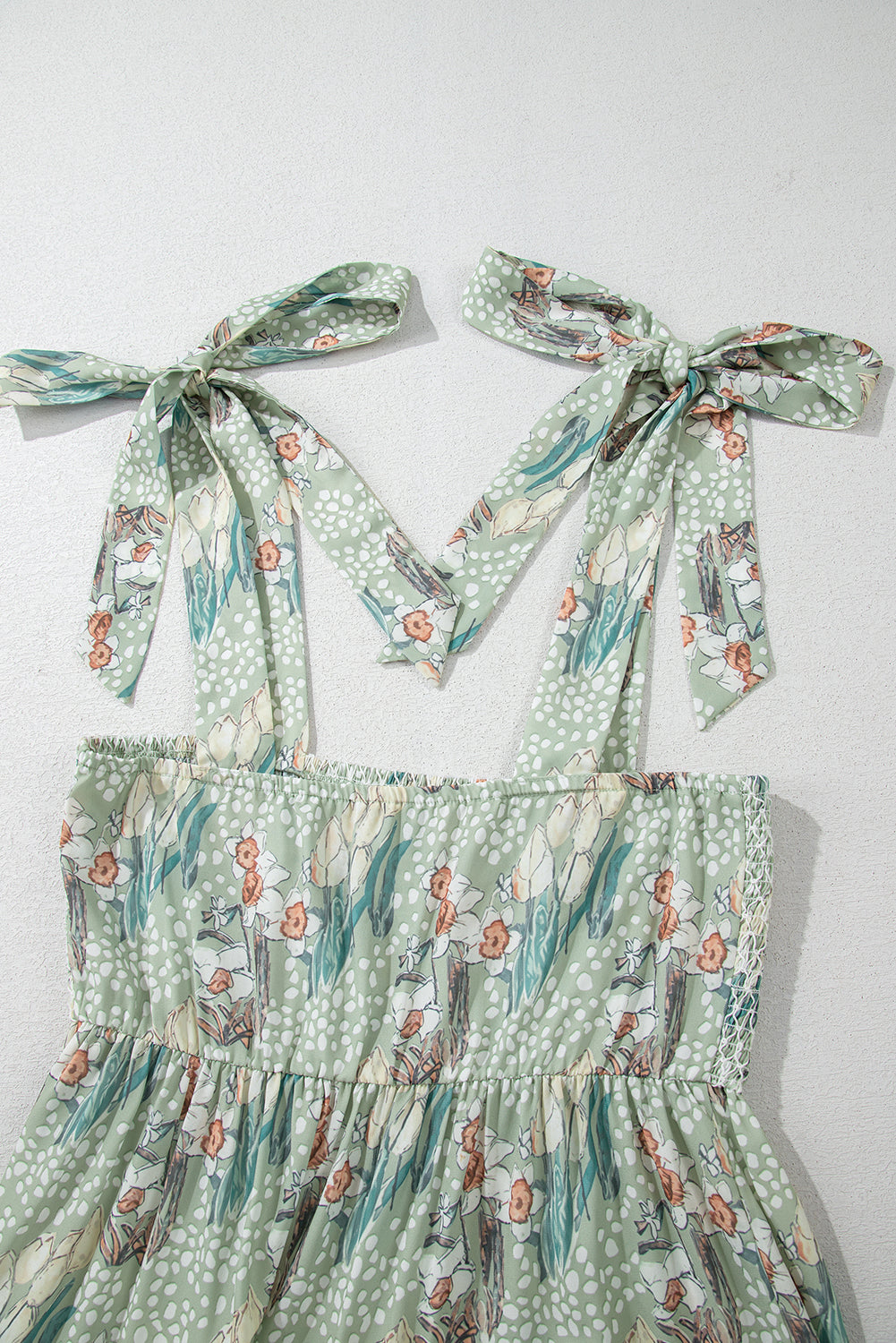 women's Gray Floral Knotted Strap Smocked Tiered Ruffle Mini Dress