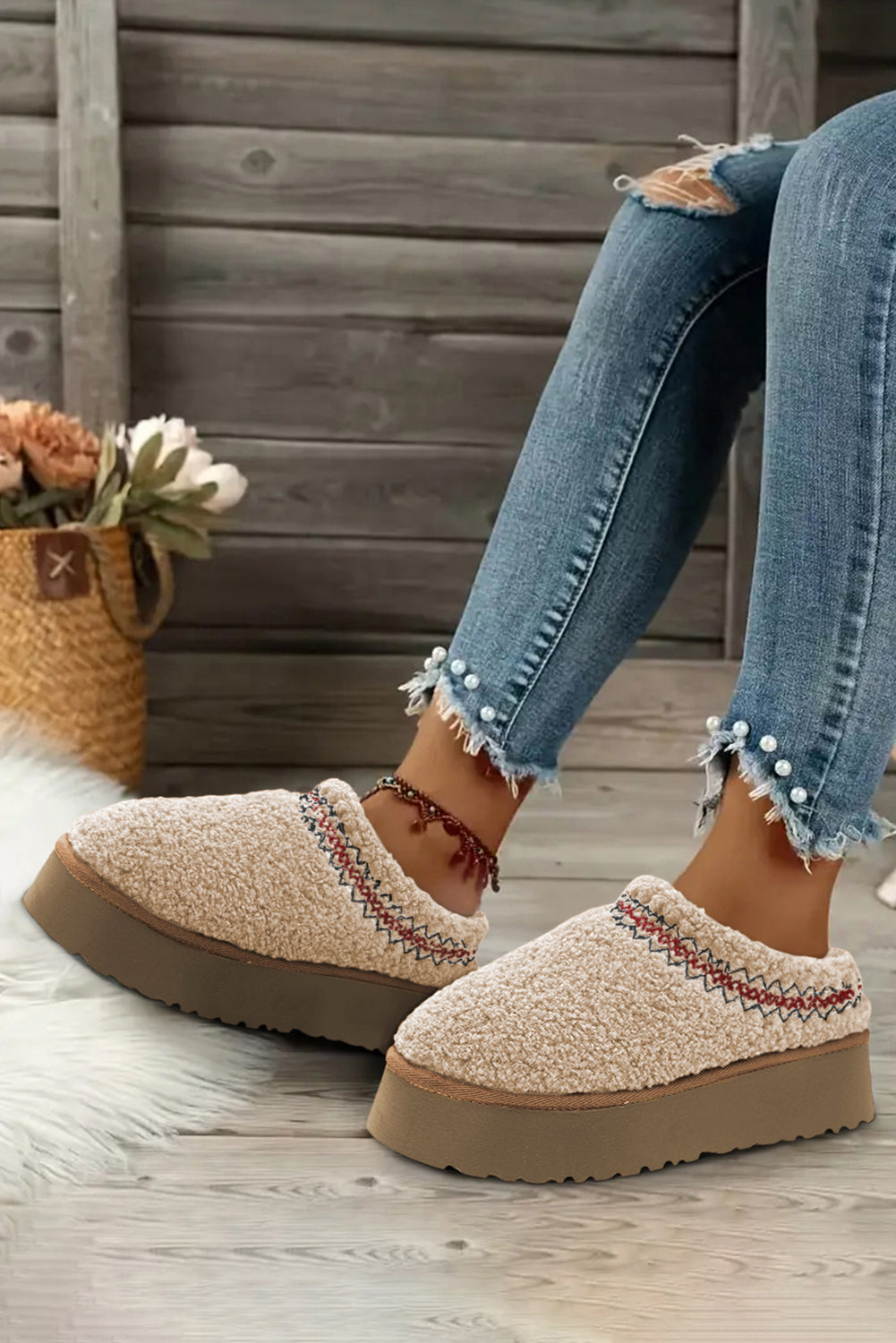 women's Oatmeal Suede Contrast Plush Thick Sole push on