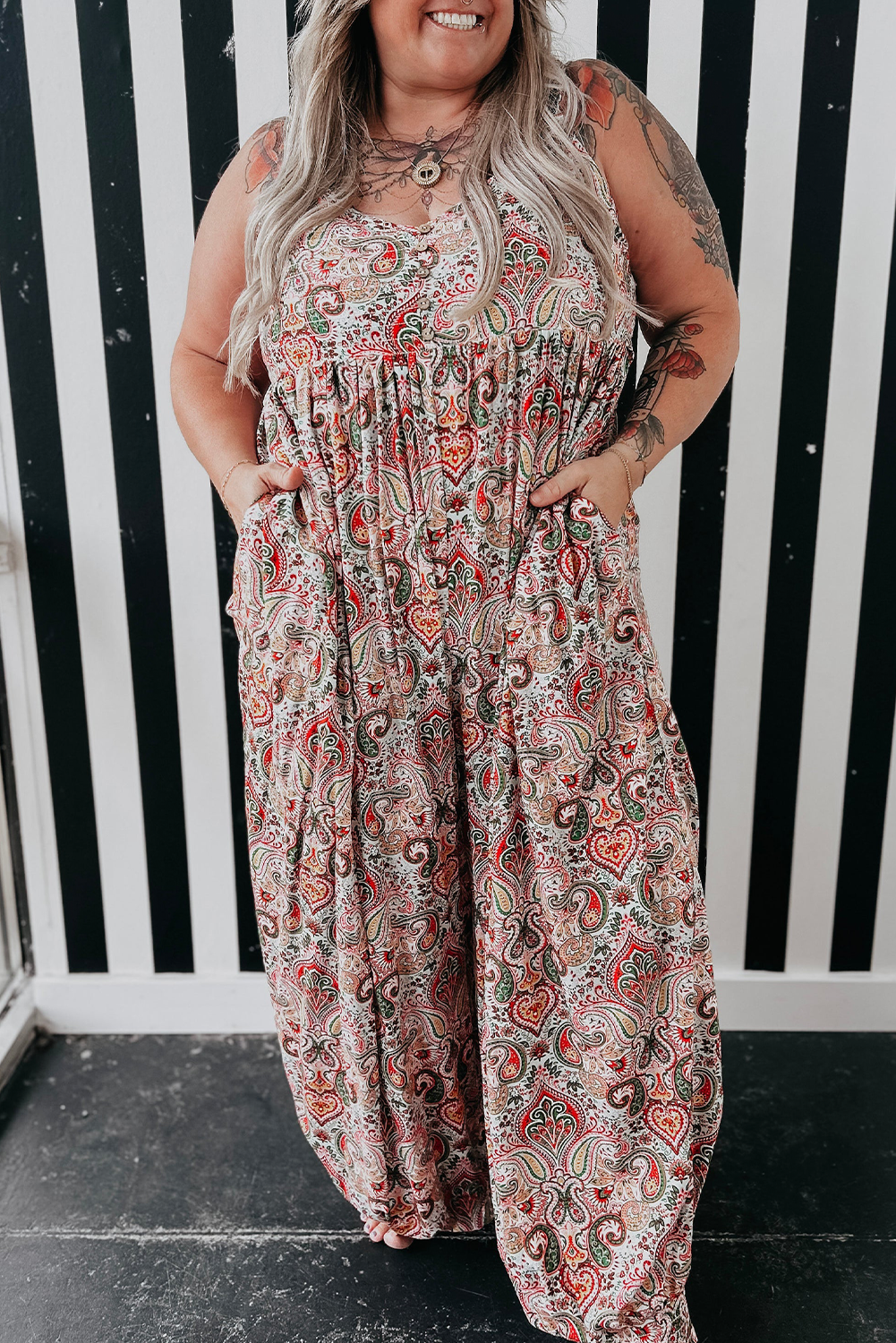 women's Multicolor Plus Size Paisley Print Sleeveless V Neck Jogger Jumpsuit