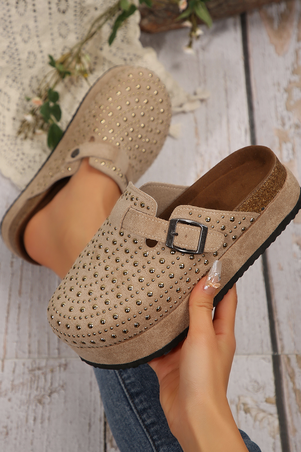 women's Parchment Vintage Studded Platform sandals