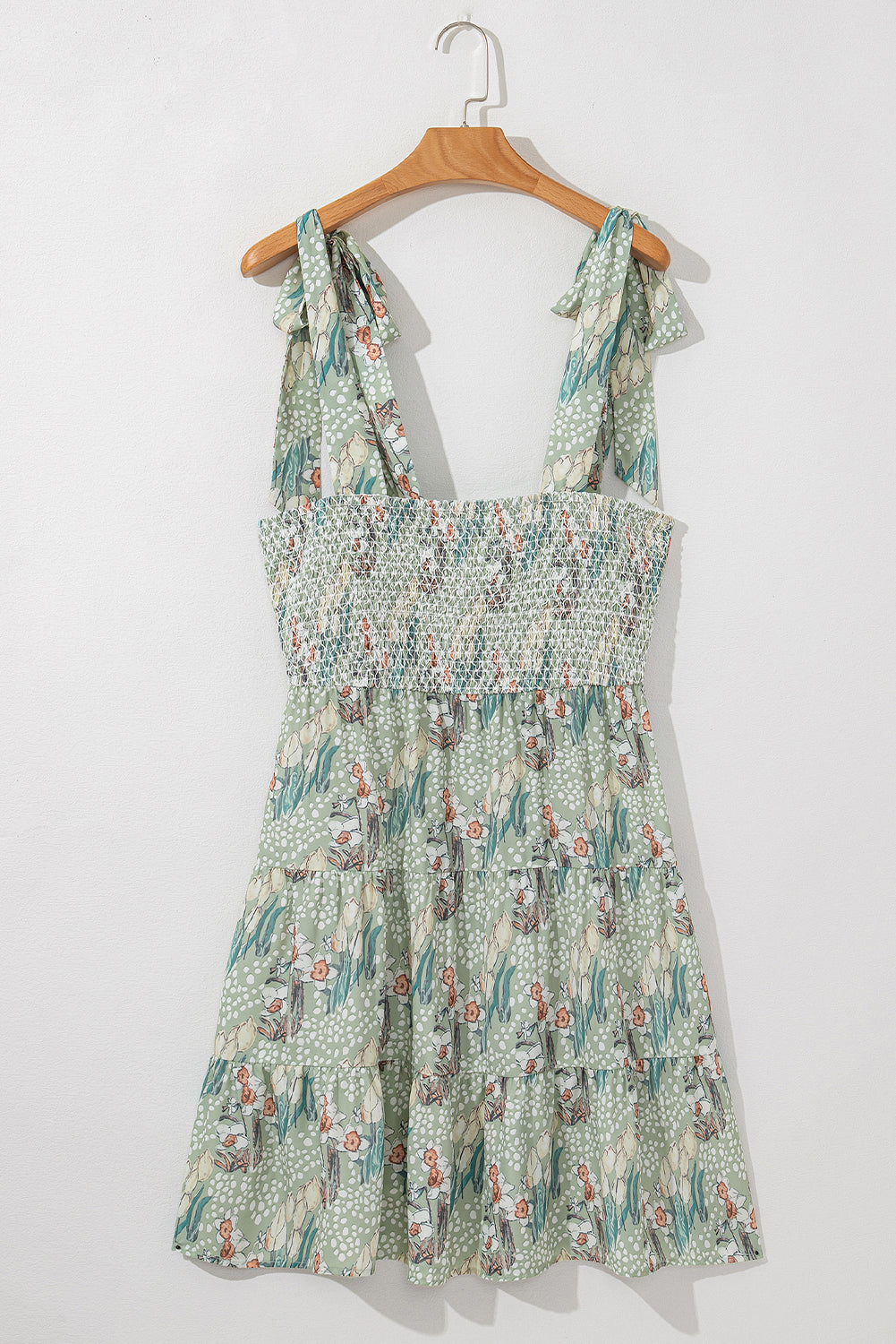 women's Gray Floral Knotted Strap Smocked Tiered Ruffle Mini Dress