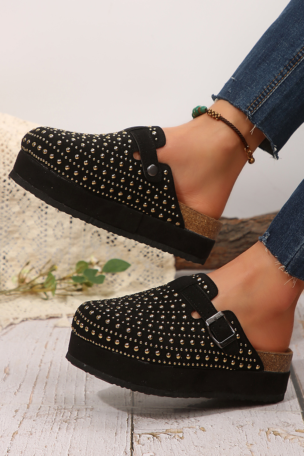 women's Parchment Vintage Studded Platform sandals