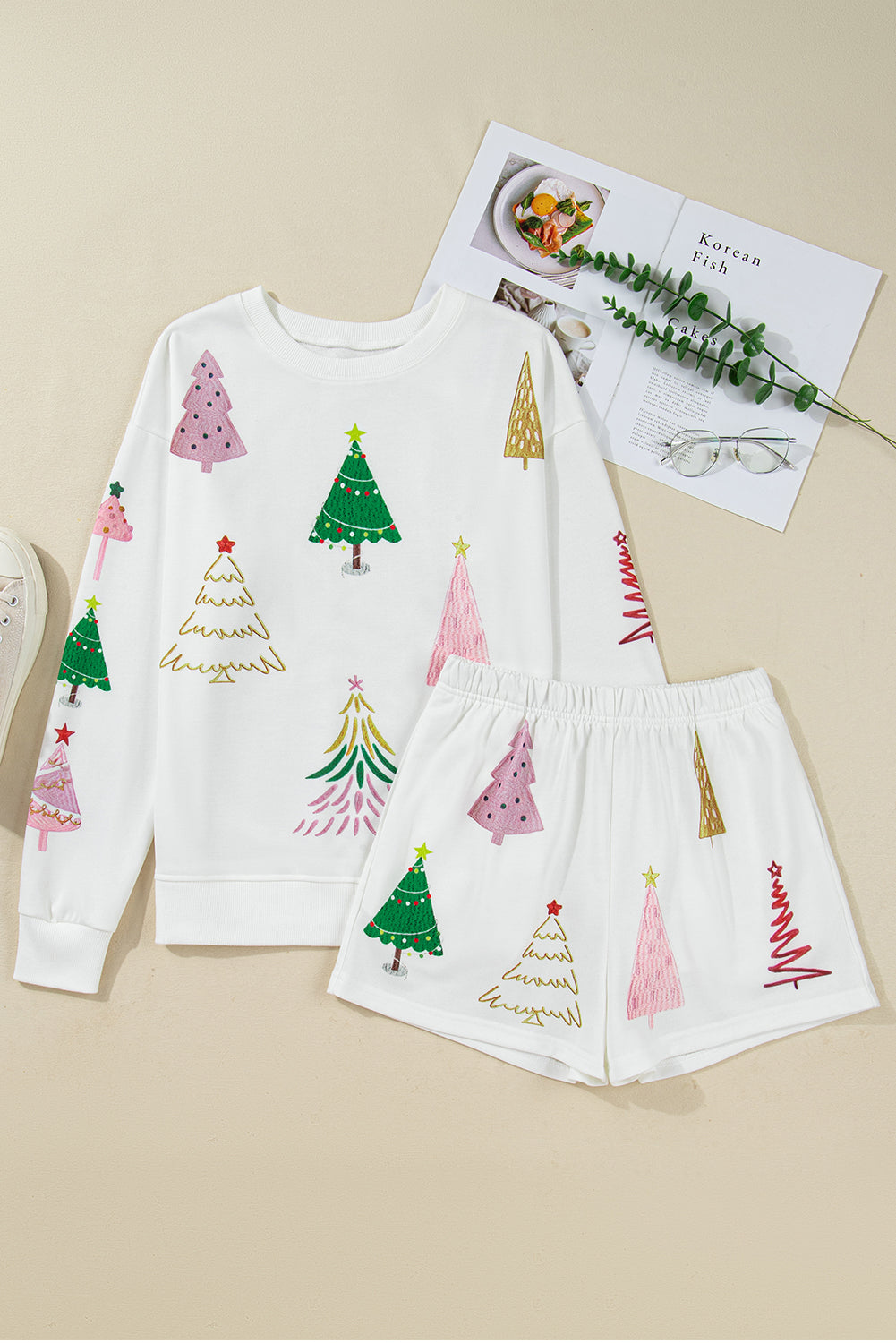women's White Christmas Tree Long Sleeve Top and Shorts Pajama Set