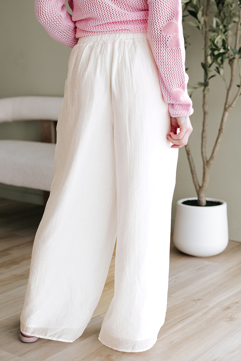 women's White Casual Tie Waist Pleated Wide Leg Pants