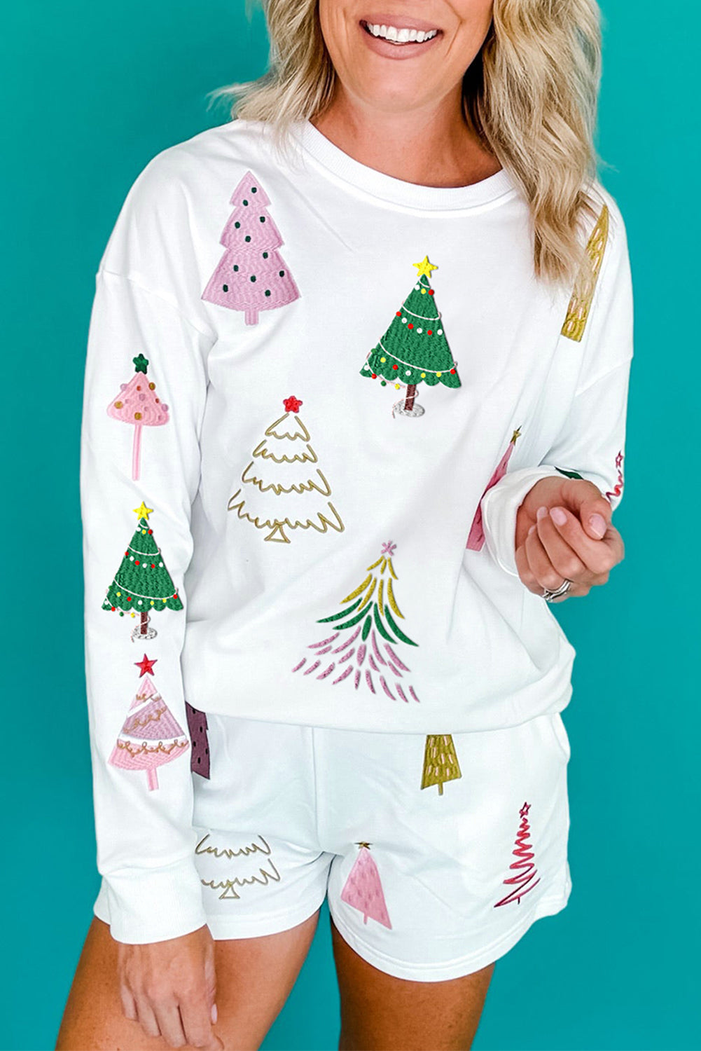 women's White Christmas Tree Long Sleeve Top and Shorts Pajama Set