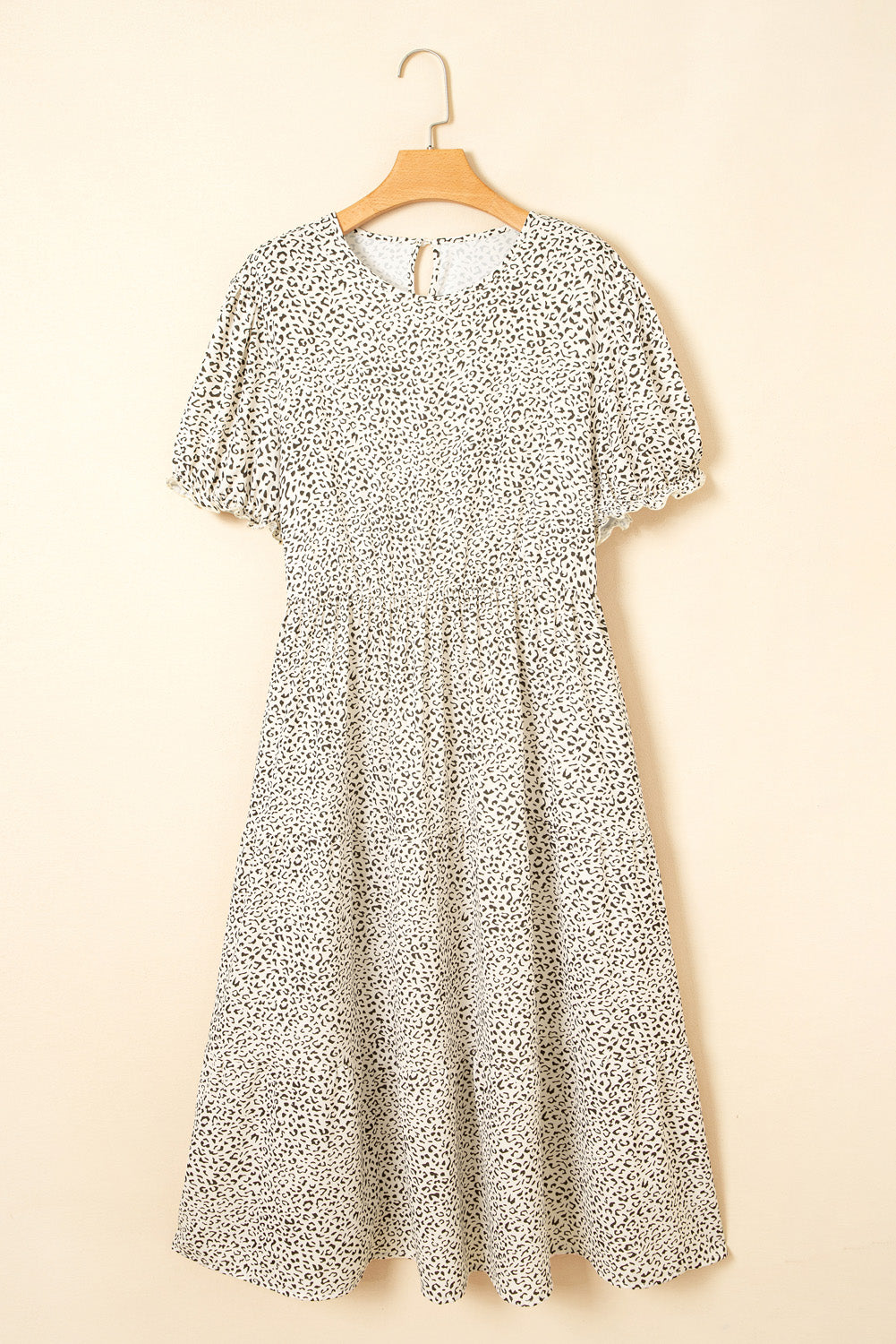 Women's Beige Plus Size Leopard Print Frill Trim Short Sleeve Flared Dress