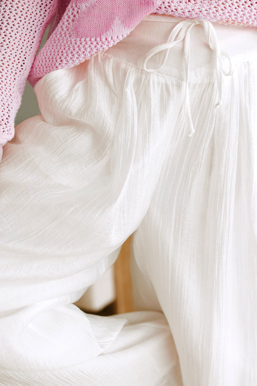 women's White Casual Tie Waist Pleated Wide Leg Pants
