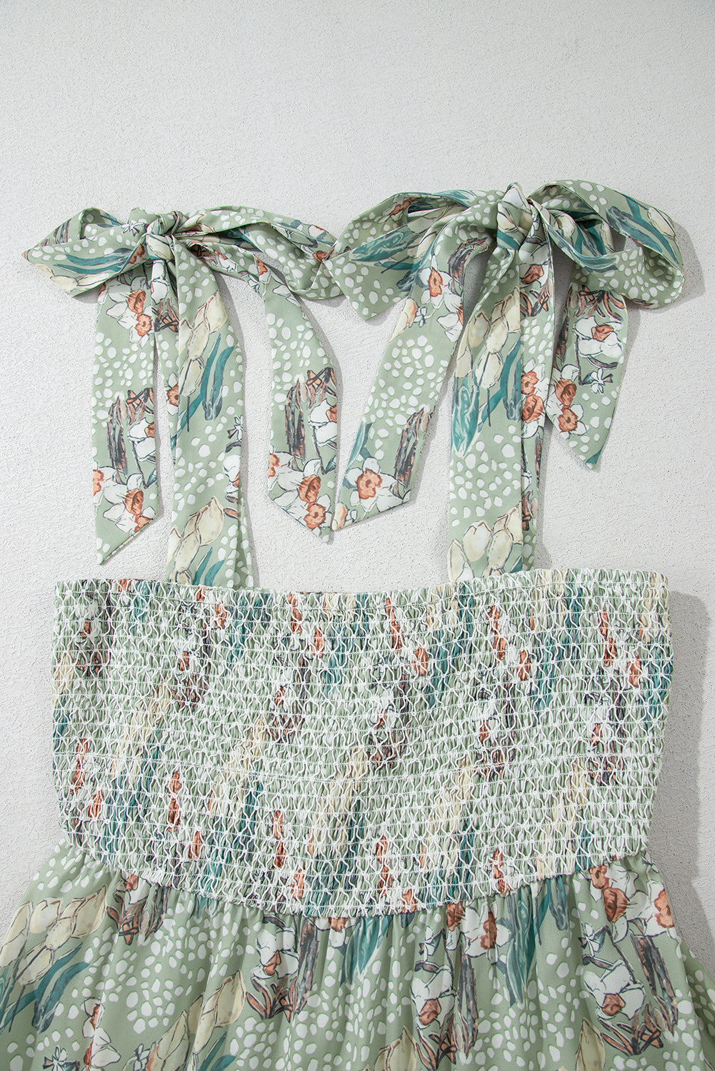 women's Gray Floral Knotted Strap Smocked Tiered Ruffle Mini Dress