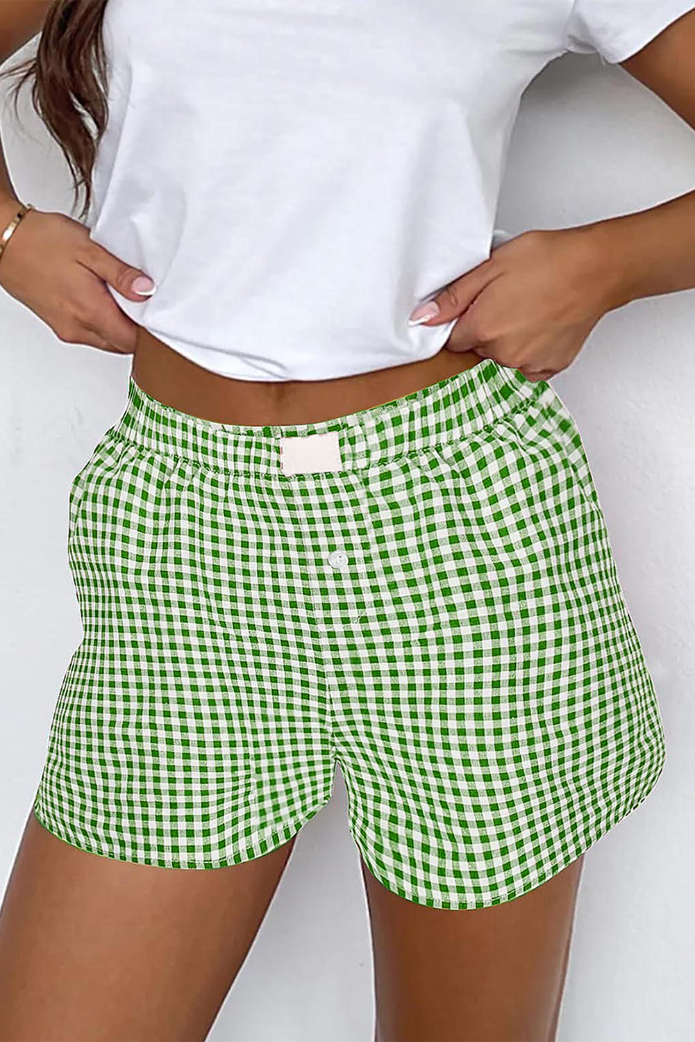 women's Fern Green Red Plaid Gingham Printed High Waist Shorts