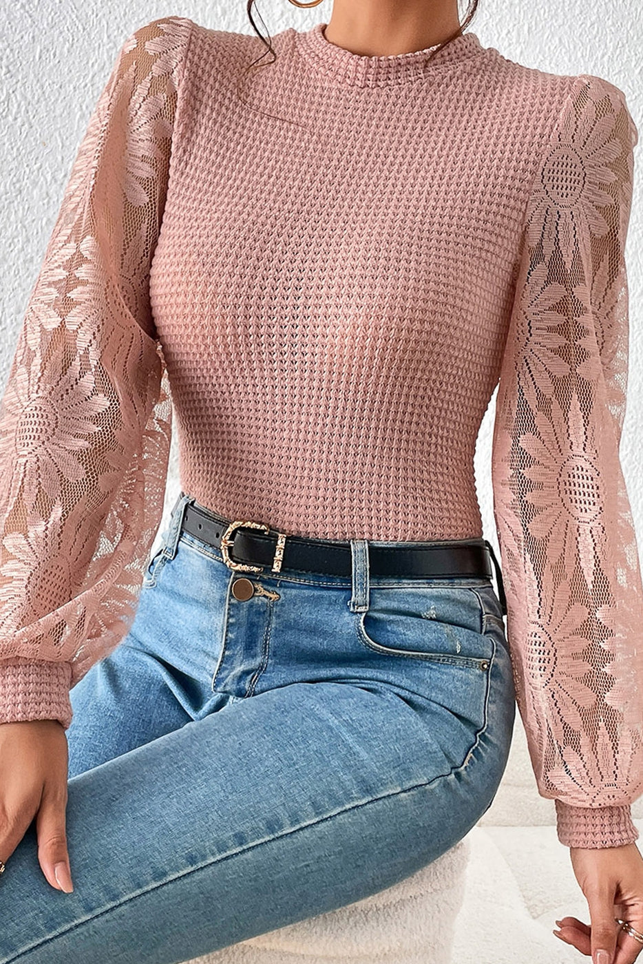 SOLID WAFFLE KNIT SUNFLOWER MESH SLEEVE TOP