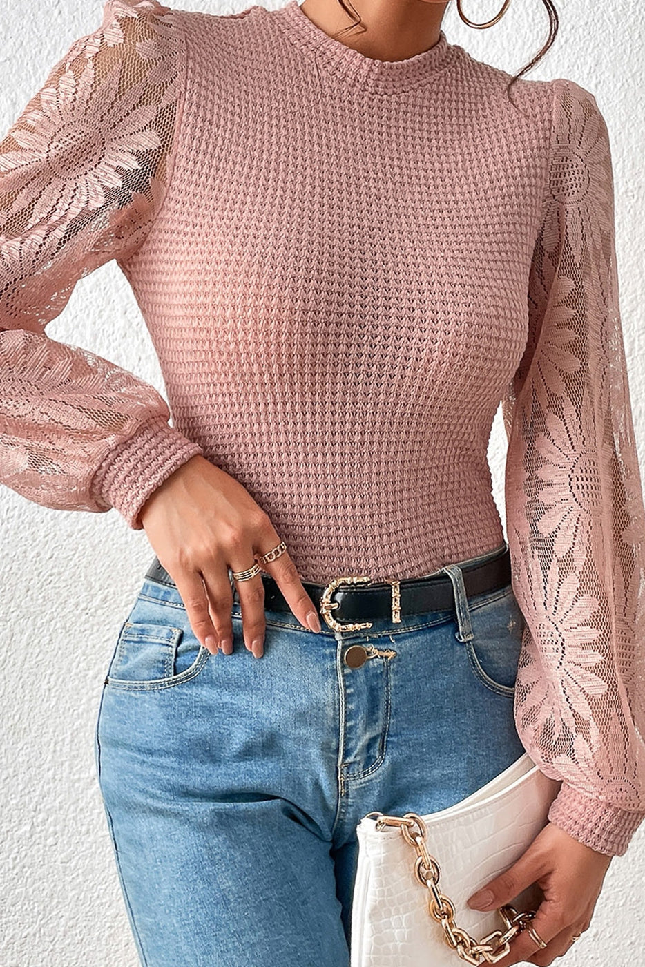 SOLID WAFFLE KNIT SUNFLOWER MESH SLEEVE TOP