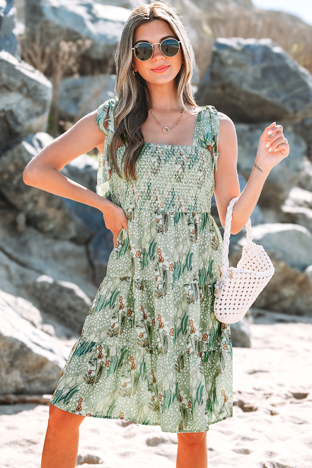 women's Gray Floral Knotted Strap Smocked Tiered Ruffle Mini Dress
