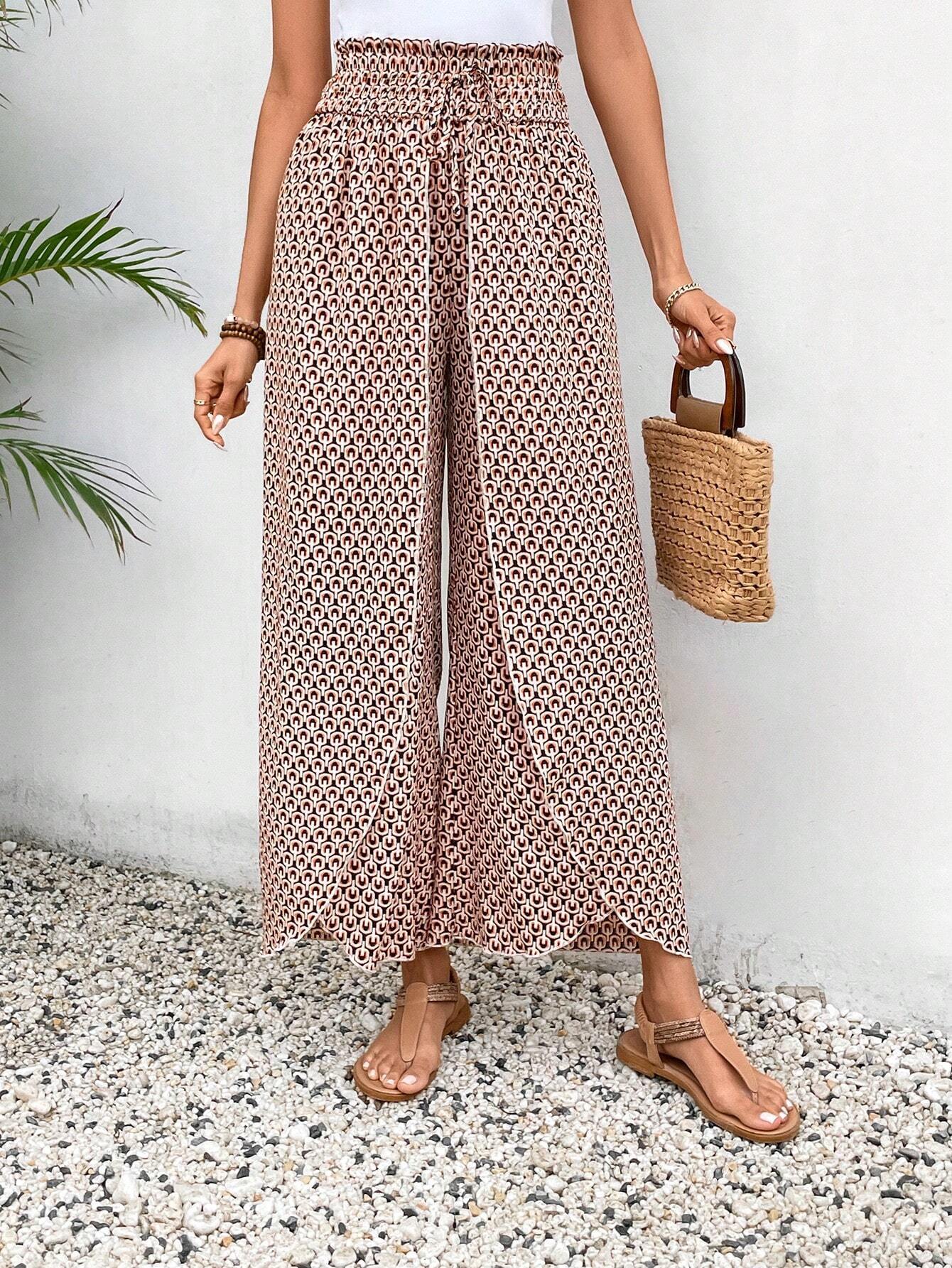 Floral Shirred Side Slit Wide Leg Pants