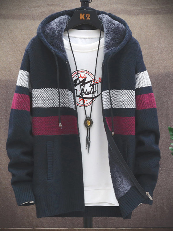 men's Fleece sweater cardigan Contrast color jacket youth slim fit trendy hooded jacket
