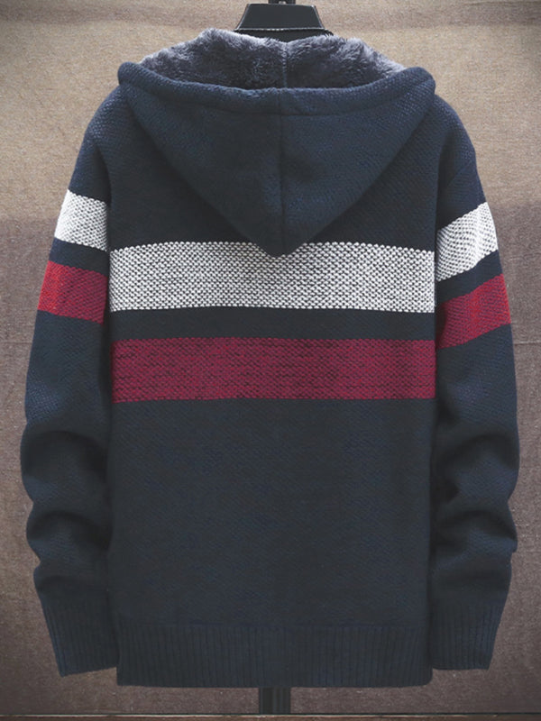 men's Fleece sweater cardigan Contrast color jacket youth slim fit trendy hooded jacket
