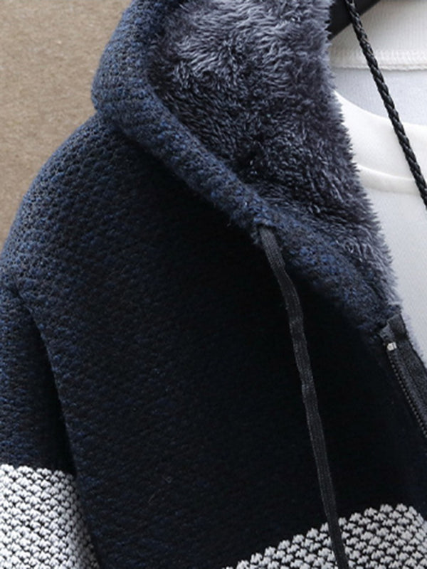 men's Fleece sweater cardigan Contrast color jacket youth slim fit trendy hooded jacket