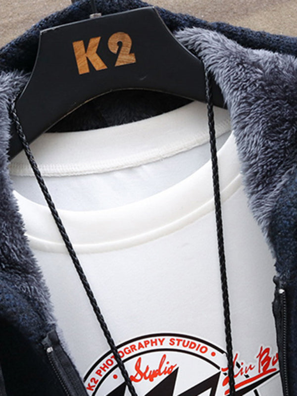 men's Fleece sweater cardigan Contrast color jacket youth slim fit trendy hooded jacket